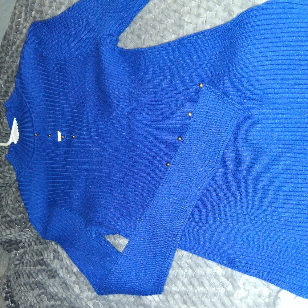 Blue Ribbed Sweater with Button Accents